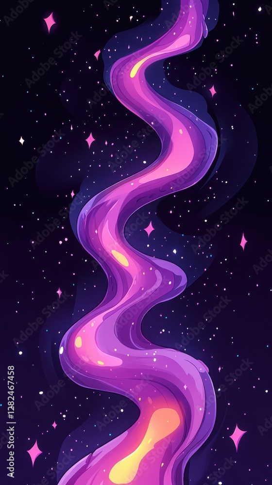 Abstract digital illustration of a flowing gradient shape transitioning from pink to purple to yellow, set against a dark blue starry background Abstract digital illustration of a flowing gradient shape transitioning from pink to purple to yellow, set against a dark blue starry background