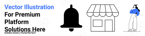 Bell for alerts, storefront with awning, and woman in casual pose, styled in minimal line art. Ideal for e-commerce, notifications, retail platforms, UIUX, branding communication flat landing page