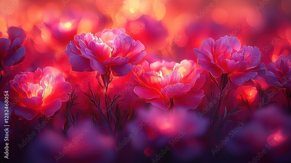Obraz premium Blooming pink peony flowers in a garden with vibrant blurred background for decoration