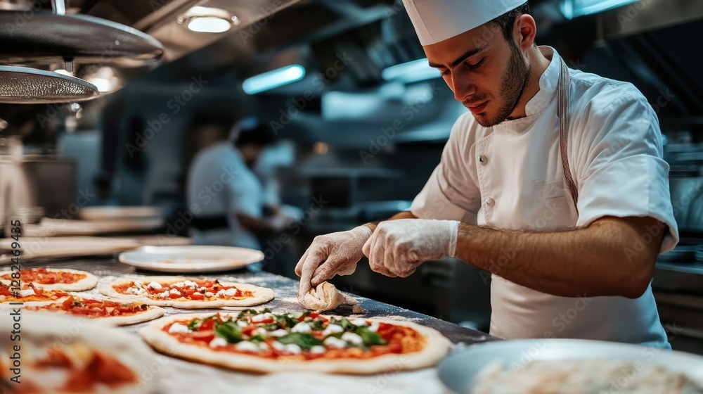 A young chef creating a gourmet pizza in a fancy restaurant kitchen, adding artistic toppings with precision. A young chef creating a gourmet pizza in a fancy restaurant kitchen, adding artistic toppings with precision.