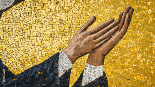 A dramatic close-up of a saintly figure's hands in prayer, meticulously detailed in Byzantine mosaic artistry