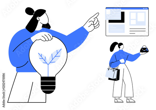 Giant figure holding a lightbulb with a tree inside, pointing towards a web interface smaller figure with shopping bags viewing an item. Ideal for innovation, e-commerce, technology, retail, online