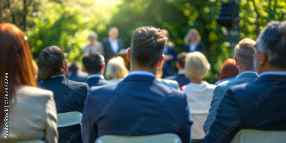 An outdoor summer conference with people watching a speaker on stage under trees. An outdoor summer conference with people watching a speaker on stage under trees.