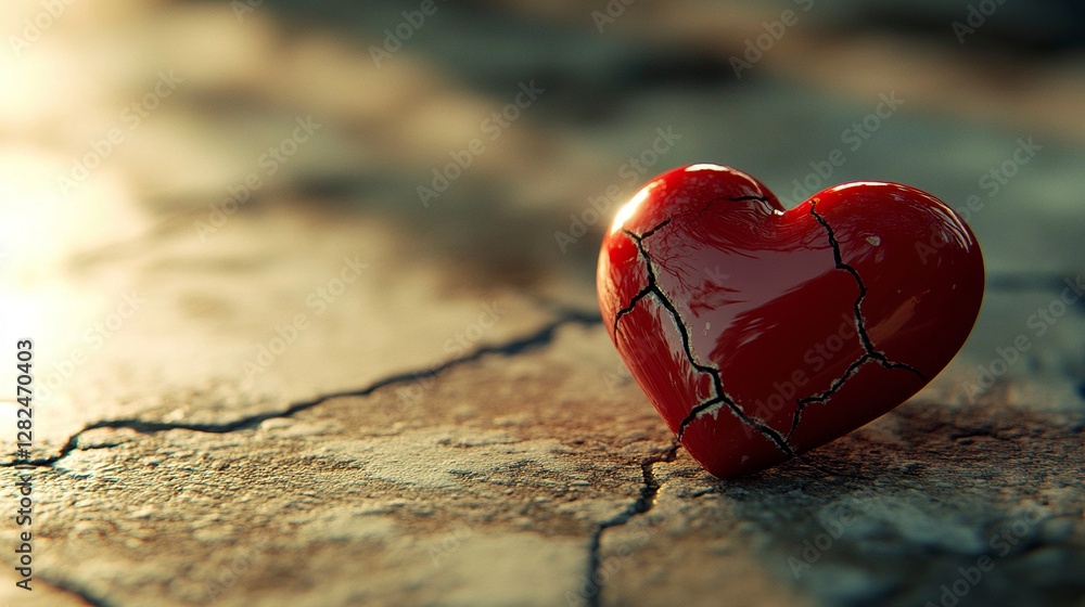 Fototapeta premium A broken heart with cracks on the floor, symbolizing emotional pain and loss. The red color of the heart is prominent against a soft pastel background.