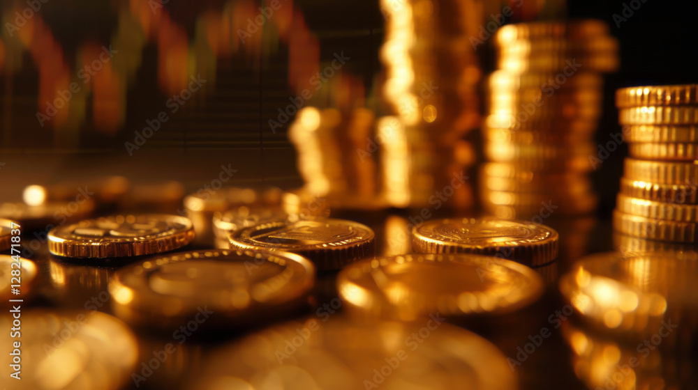 Gold coins and a rising stock chart on a dark background, representing business growth. Gold coins and a rising stock chart on a dark background, representing business growth.