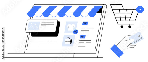 Laptop displaying online store interface with product images, shopping cart icon with three items, hand holding credit card. Ideal for ecommerce, digital marketing, online payment, retail, business