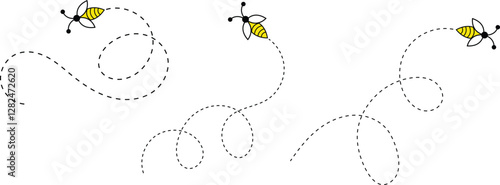 Cute Bees Following Dotted Paths on a White Background. Flying Bees Path.