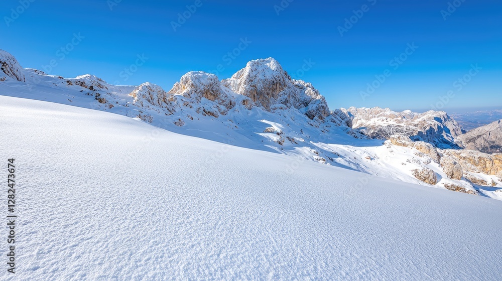 Obraz premium Snow-covered mountain peaks rise above a pristine white slope under a clear blue sky during a bright winter day.