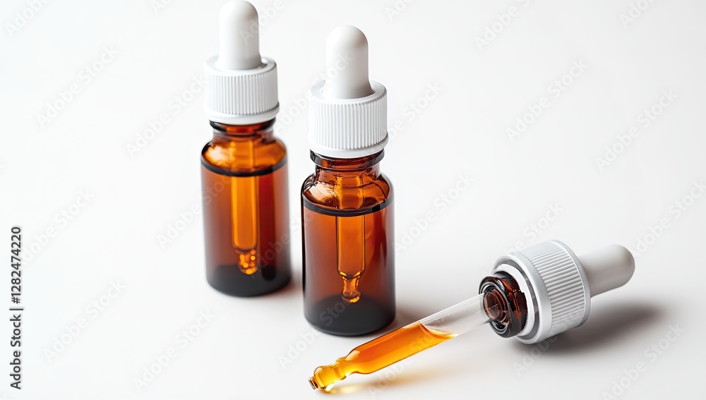 Amber dropper bottles with serum on white background Amber dropper bottles with serum on white background