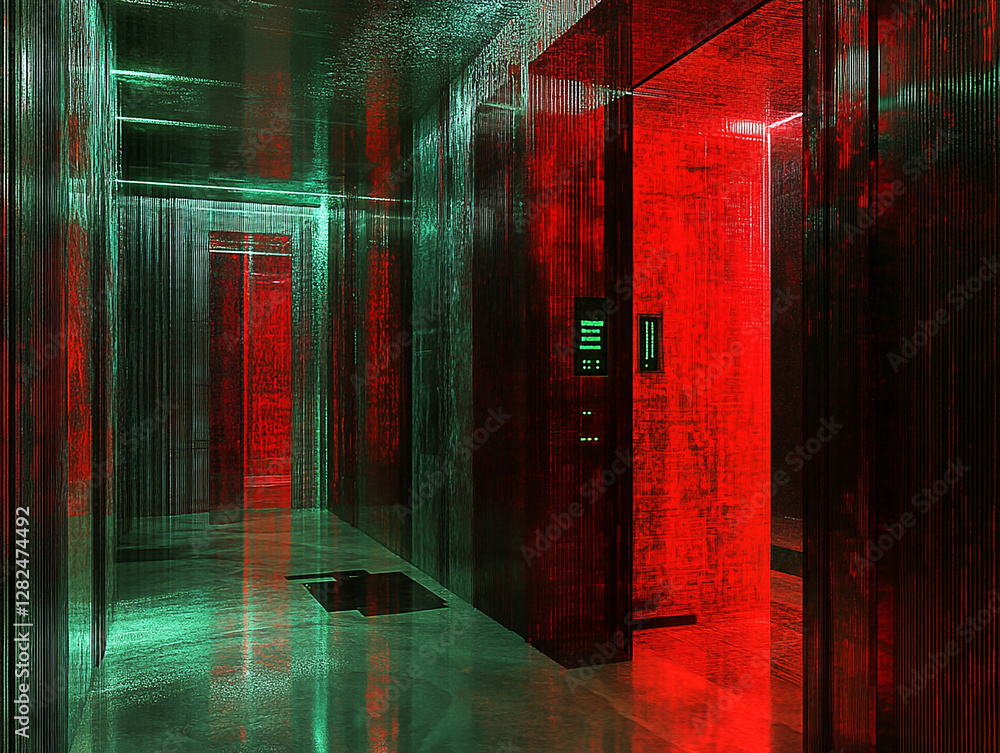 Obraz premium Futuristic corridor with glowing red and green lights, featuring an elevator and abstract reflections