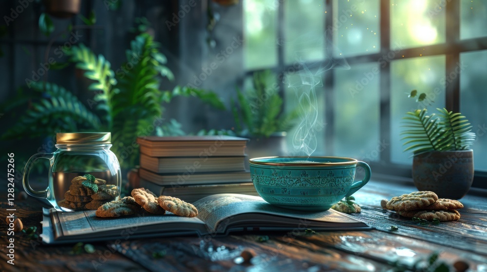 Cozy Atmosphere with Tea, Cookies, and Books in Sunlit Room Cozy Atmosphere with Tea, Cookies, and Books in Sunlit Room
