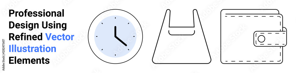 Clock with hour and minute hands, shopping bag, and wallet with button strap. Ideal for e-commerce, finance, lifestyle apps, time management, retail, minimal design flat landing page banner Clock with hour and minute hands, shopping bag, and wallet with button strap. Ideal for e-commerce, finance, lifestyle apps, time management, retail, minimal design flat landing page banner