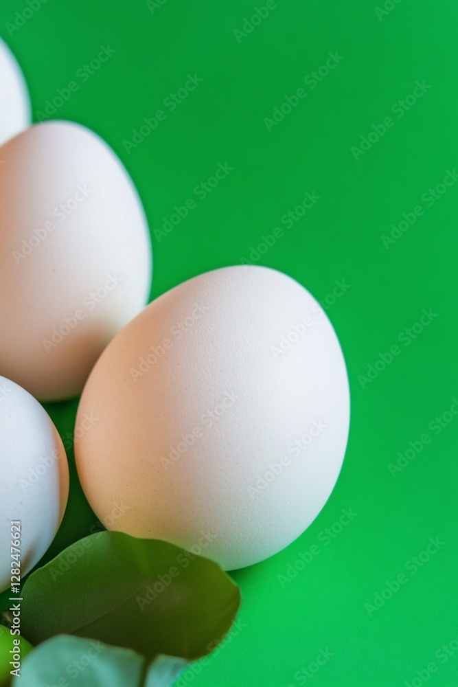 Fresh white eggs arranged on a vibrant green background with leaves Fresh white eggs arranged on a vibrant green background with leaves