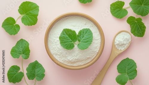 Gotu kola leaves extract centela asiatica natural skincare ingredient on wooden bowl