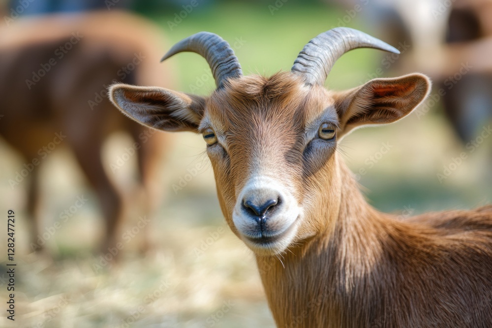 Goat stands in a sunny field with a curious expression while other goats graze in the background. Generative AI Goat stands in a sunny field with a curious expression while other goats graze in the background. Generative AI