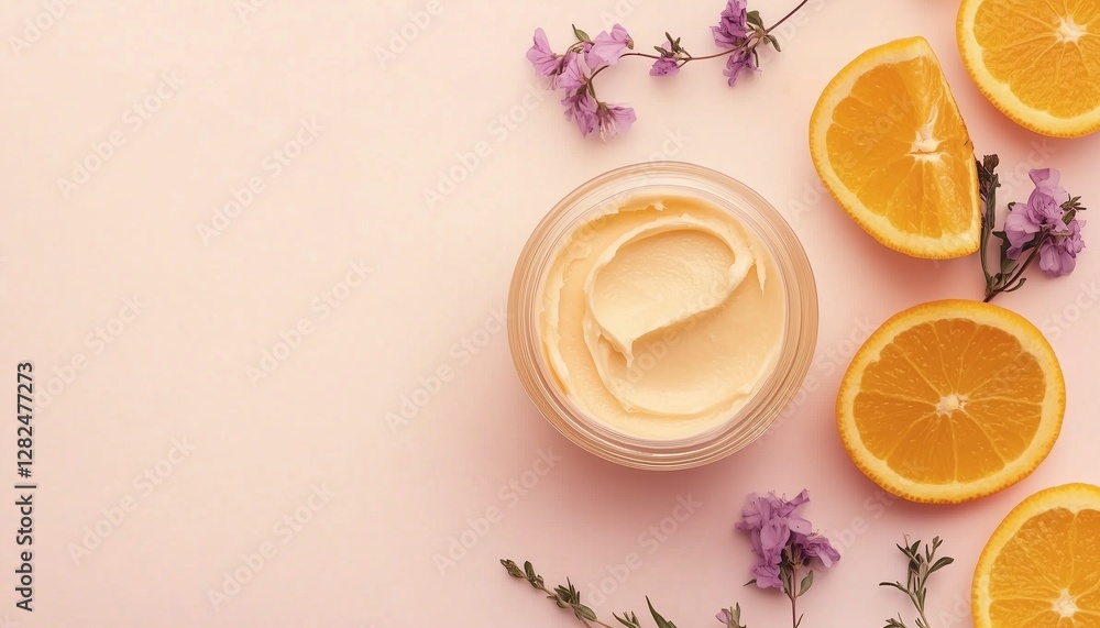 Orange cream mask natural essential extract on glass jar with fruit slice Orange cream mask natural essential extract on glass jar with fruit slice