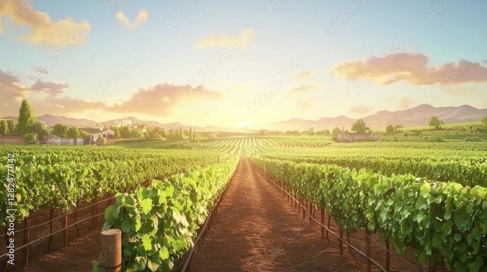Naklejka premium Serene Vineyard Landscape with Lush Green Grapevines and Vibrant Sunset in Scenic Countryside