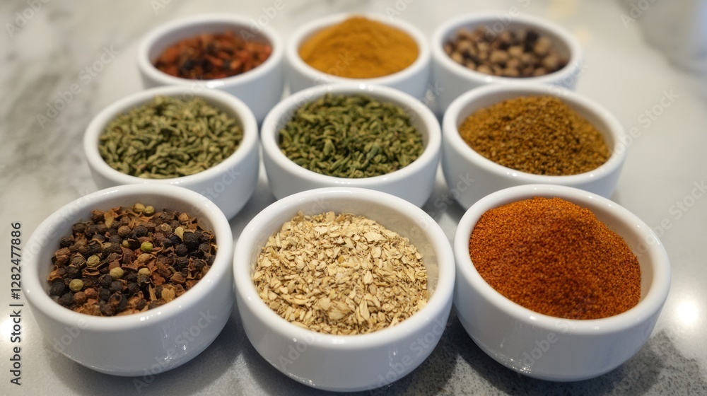 Array of spices in small white bowls on a marble surface Array of spices in small white bowls on a marble surface