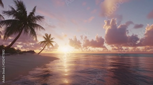 Serene Sunset Over Tranquil Beach with Palm Trees and Soft Clouds in Vibrant Colors