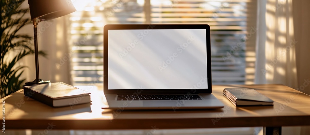 Cozy home office setup with a laptop, books, and warm sunlight streaming in Cozy home office setup with a laptop, books, and warm sunlight streaming in