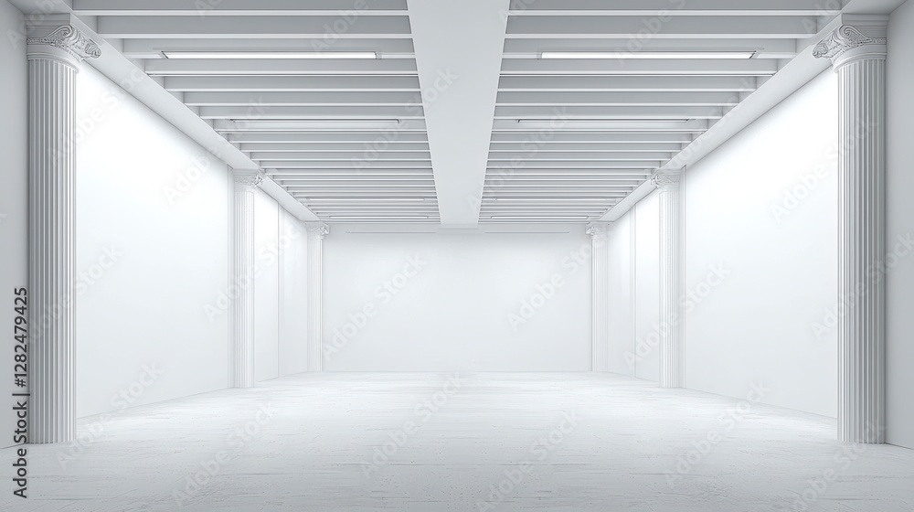 Empty white gallery, pillars, ceiling beams, architectural design Empty white gallery, pillars, ceiling beams, architectural design