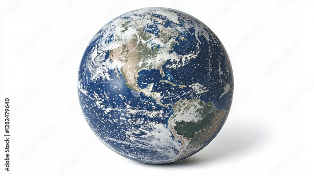 Earth globe, continents, clouds, white background, environmental awareness Earth globe, continents, clouds, white background, environmental awareness