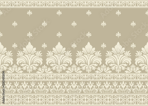 Seamless vintage floral damask pattern with border and geometric ornament design. Vector illustration