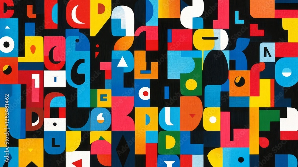 Abstract composition featuring colorful geometric shapes and letter fragments Abstract composition featuring colorful geometric shapes and letter fragments