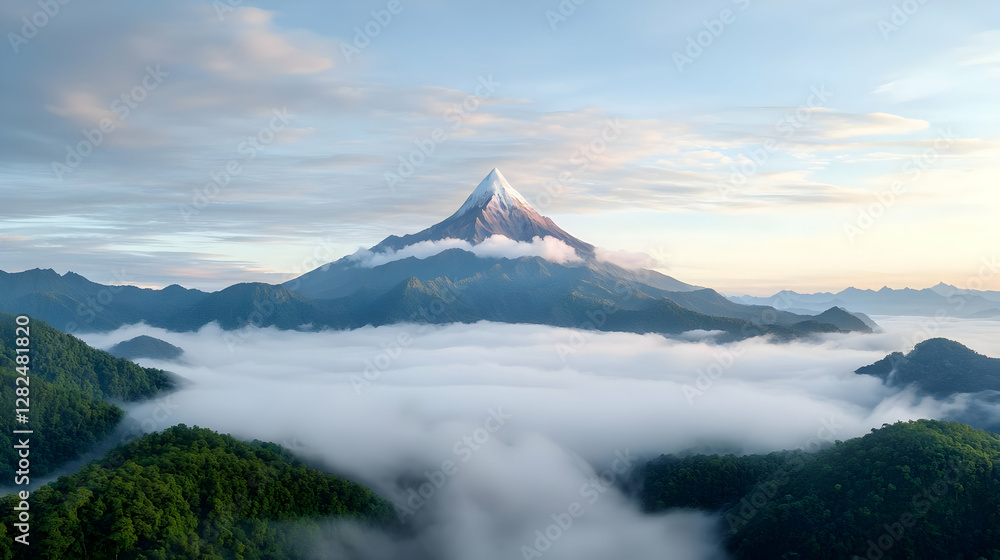 Fototapeta premium Majestic volcano sunrise, cloud sea, mountain range. Travel photography