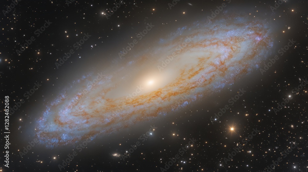 Fototapeta premium Supermassive black hole expels glowing star streams amid galactic collision, revealing cosmic chaos and creation. 