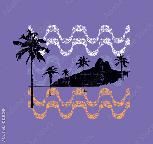 Vector illustration of silhouette and mountains in tropical coastal landscape. Editable art alluding to the city of Rio de Janeiro, Brazil.