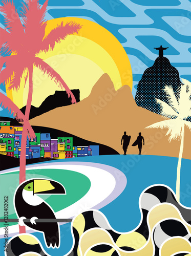 Colorful vector illustration of tropical elements of the city of Rio de Janeiro, Brazil. Stylized art representing current times.