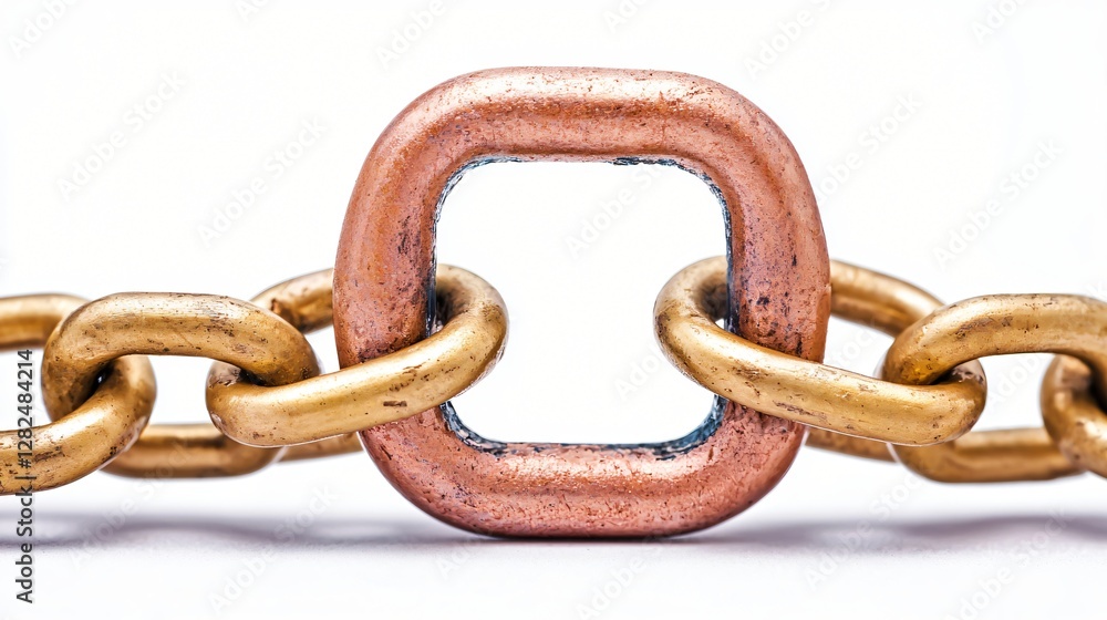 Copper link in gold chain; connection, strength, unity; white background; business concept Copper link in gold chain; connection, strength, unity; white background; business concept