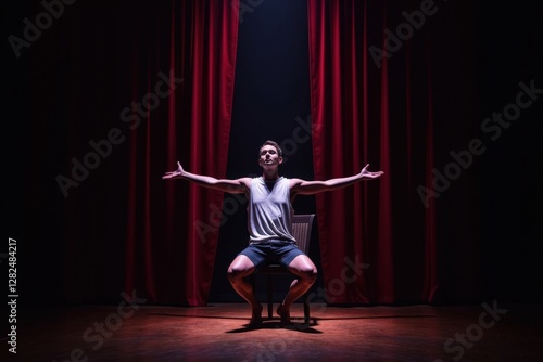 A Young Male Dancer in a Spotlight on Stage Expressing Emotion and Energy While Sitting on a Chair Surrounded by Red Curtain Backdrop photo