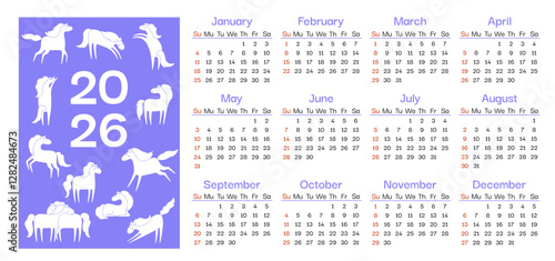 Horse calendar 2026 with mascot. Horizontal template calendar mare or mustang. Various friendly horse in different poses. Vector illustration character hand drawing art design calendar with animals