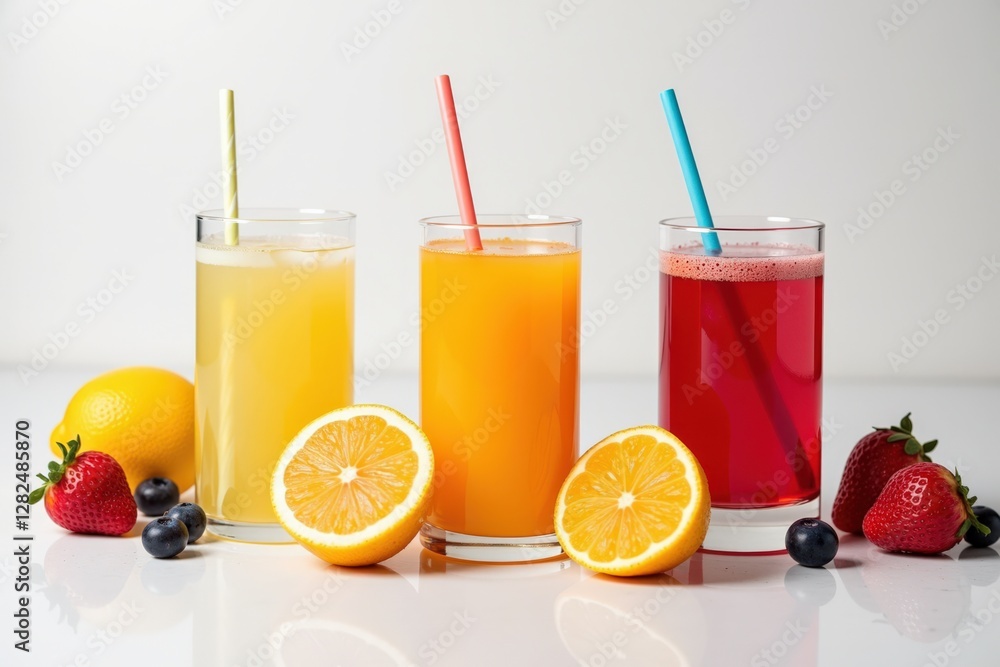 A Refreshing Trio of Colorful Fruit Juices Served with Fresh Berries and Citrus Slices on a Clean White Background A Refreshing Trio of Colorful Fruit Juices Served with Fresh Berries and Citrus Slices on a Clean White Background