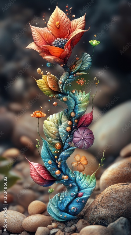 Naklejka premium Surreal digital illustration of a glowing, multicolored plant with twisted stem and vibrant flowers