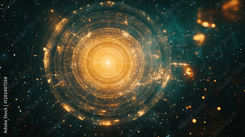 Obraz premium Galaxy with nine glowing rings, a celestial bullseye, symbolizing cosmic harmony and infinite depth. 