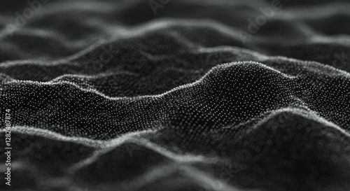 Black and white, abstract waves, microscopic view, granular texture, sand-like particles, undulating surface, moody lighting, high contrast, minimalist landscape, macro photography, grayscale, ripples