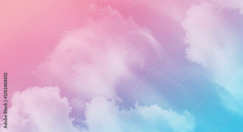 Fototapeta premium Pastel sky, dreamy clouds, soft gradient, ethereal atmosphere, cotton candy colors, pink and blue hues, wispy textures, fantasy backdrop, heavenly scene, delicate brushstrokes, serene cloudscape, wate