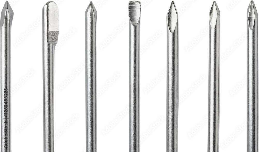 Close up of Seven Metal Screwdriver Bits with Varied Tip Shapes and Sizes for DIY and Repair Close up of Seven Metal Screwdriver Bits with Varied Tip Shapes and Sizes for DIY and Repair