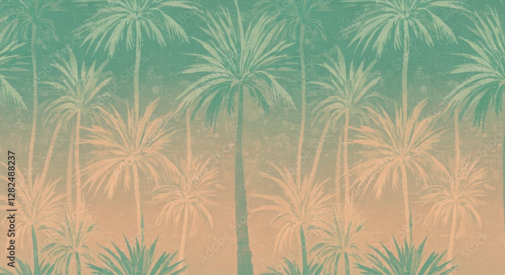 Tropical palm tree pattern, retro color palette, mint green and peach, seamless repeat design, vintage textile print, hand-drawn style, beachy vibes, pastel background, minimalist illustration, summer Tropical palm tree pattern, retro color palette, mint green and peach, seamless repeat design, vintage textile print, hand-drawn style, beachy vibes, pastel background, minimalist illustration, summer