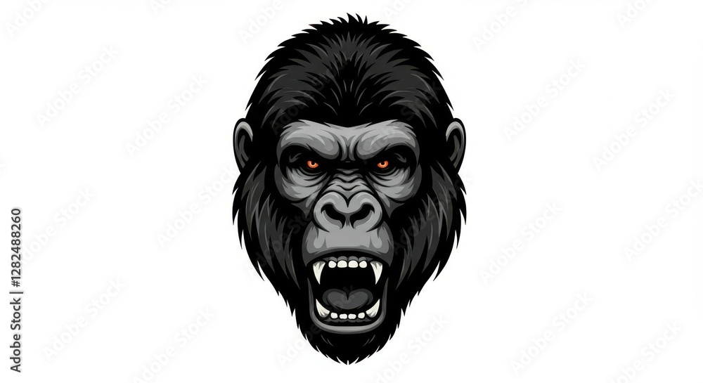 Fototapeta premium fierce gorilla face, bared teeth, snarling expression, black fur, intense eyes, detailed illustration, high contrast, dark background, realistic rendering, aggressive pose, primate portrait, wildlife 