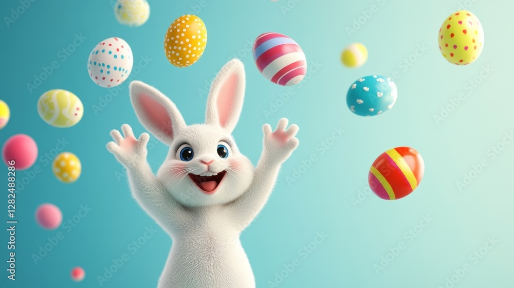 Obraz premium Happy bunny celebrating Easter surrounded by colorful decorative eggs in a bright, cheerful setting