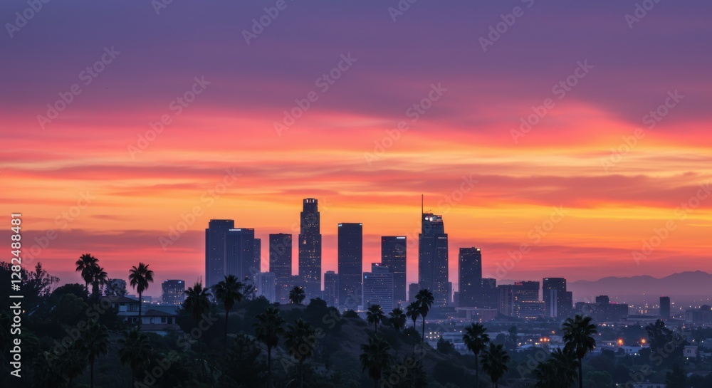Fototapeta premium cityscape, Los Angeles skyline, vibrant sunset, orange and pink sky, silhouetted skyscrapers, palm trees, urban landscape, dramatic lighting, dusk, panoramic view, downtown LA, twilight, golden hour, 