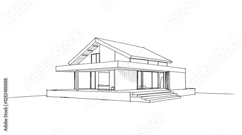 A minimalist architectural drawing of a modern house, clean lines, sharp angles, rendered in black ink on tracing paper, precise detailing, orthogonal perspective.