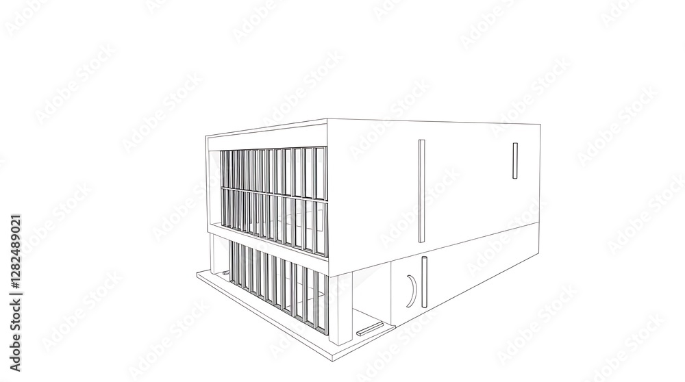 Fototapeta premium A minimalist architectural rendering of a modern building, rendered in grayscale, the style is clean and functional, showcasing strong lines and geometric forms, the perspective is high-angl.