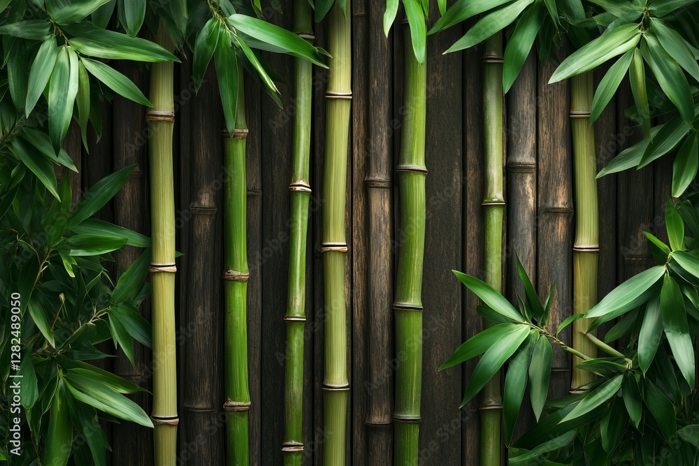 Obraz premium A wall of bamboo stalks with green leaves on the sides, creating an exotic and natural background. The texture is detailed and realistic, showcasing lush greenery against dark wood textures.