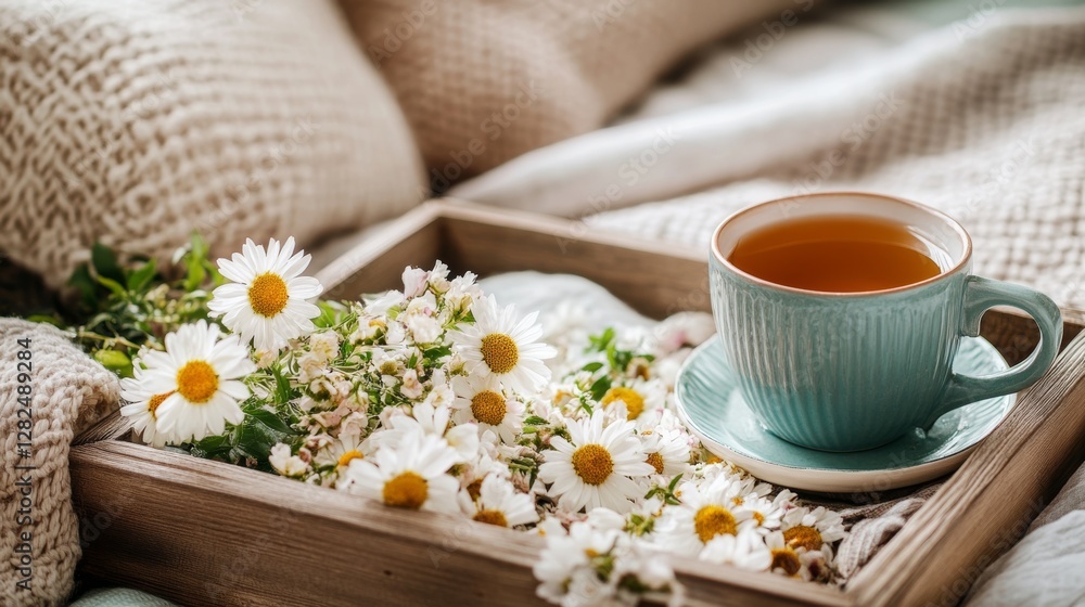 Enjoying a warm beverage with fresh daisies on a cozy bed during a peaceful afternoon Enjoying a warm beverage with fresh daisies on a cozy bed during a peaceful afternoon