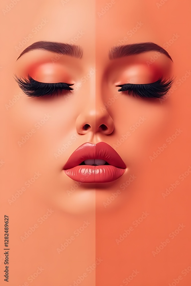 Close-up of a woman's face with closed eyes and coral lipstick. Close-up of a woman's face with closed eyes and coral lipstick.